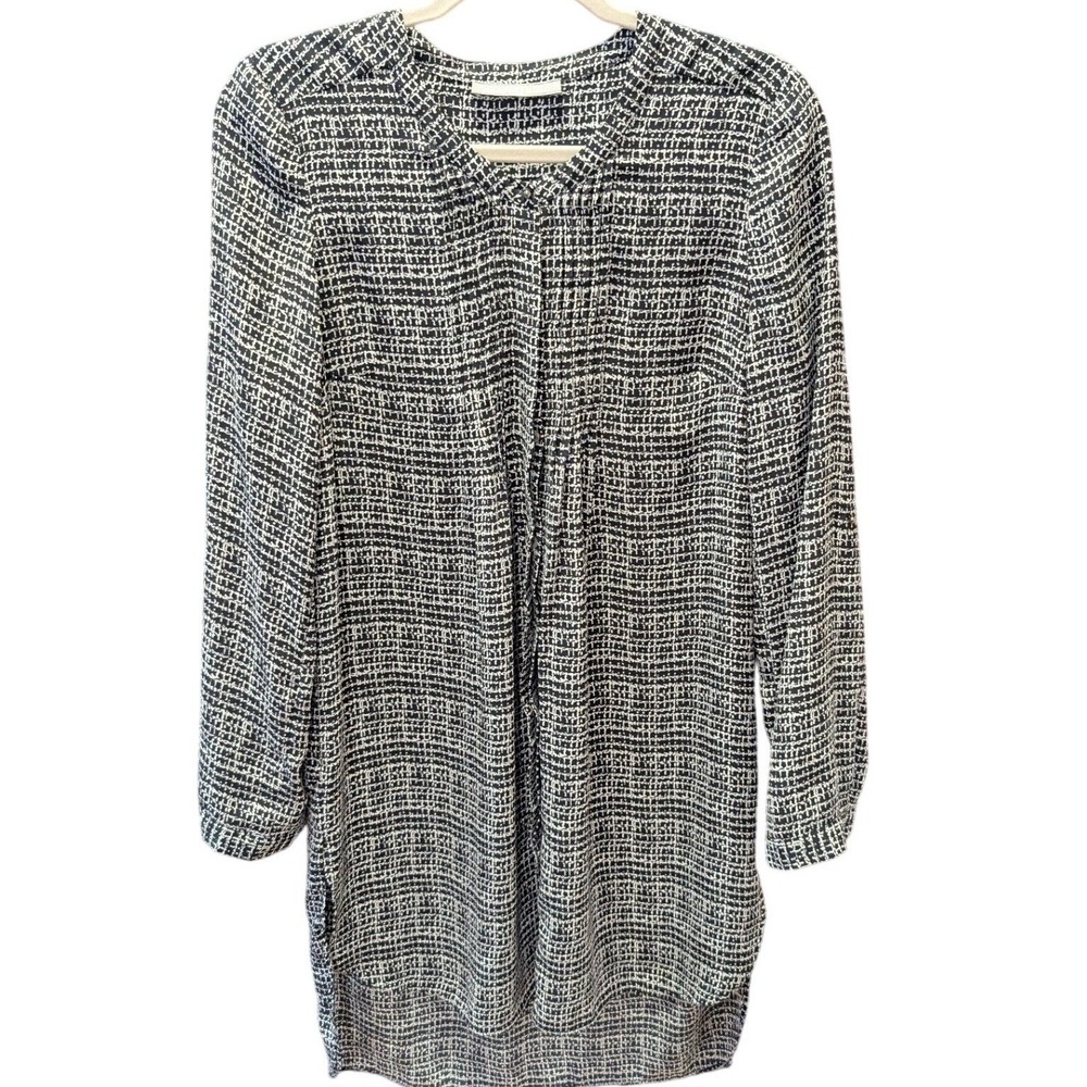 Daniel Rainn Womens Blouse Tunic Black White Abstract Grid Print Button Down L
